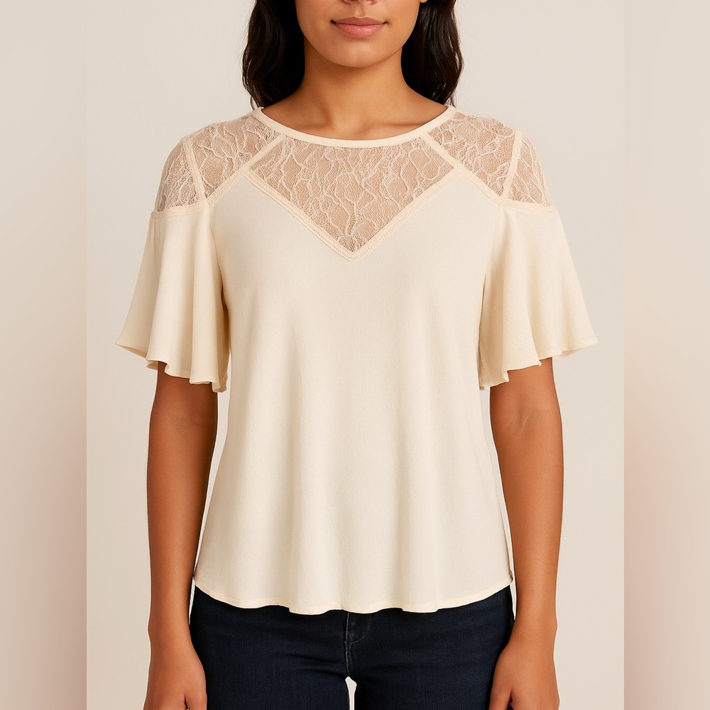 Anthropologie Mustard Seed Cream Lace Flutter Sleeve Top | Size M | NEW